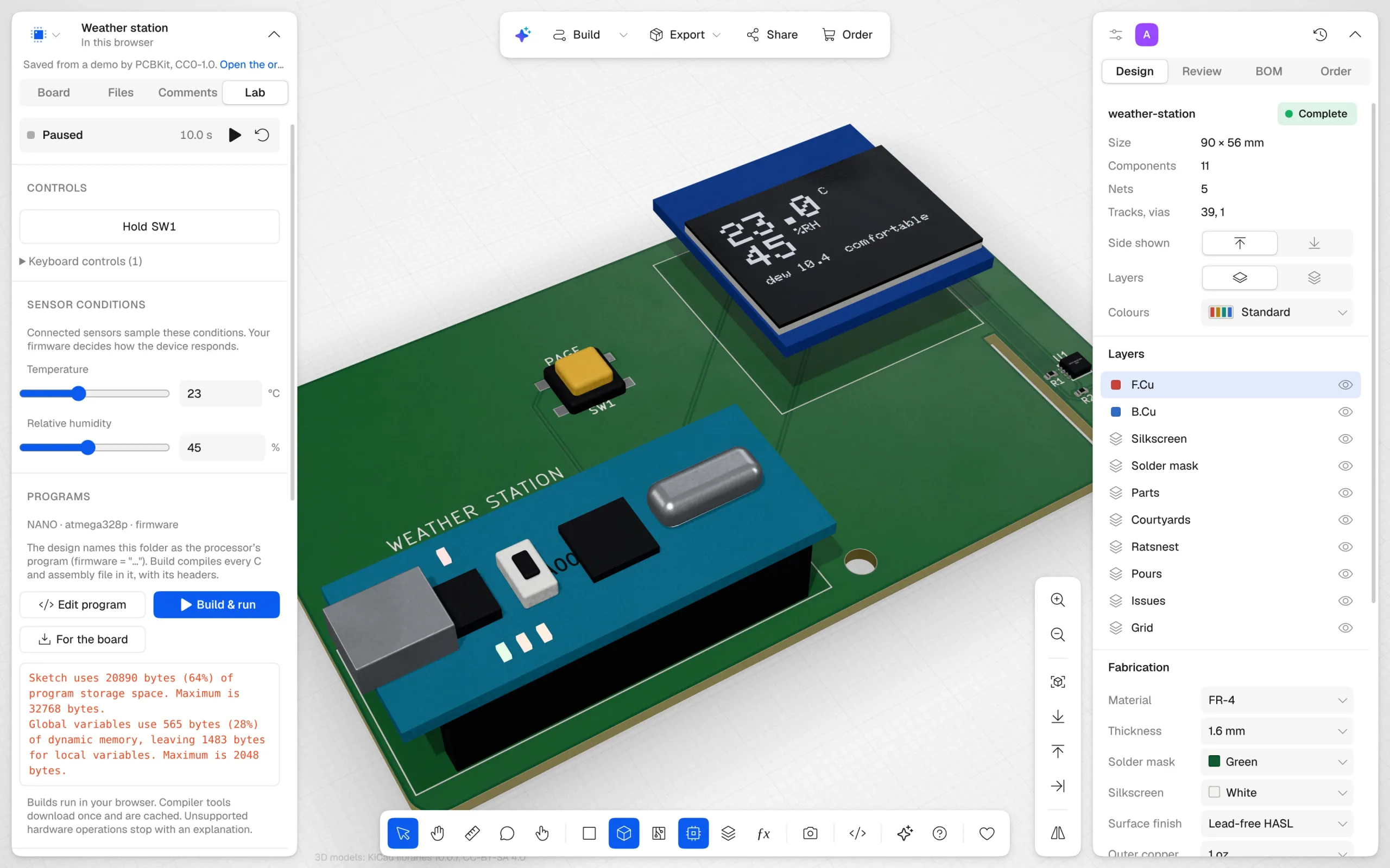 The PCBKit app with the weather station open in the Lab tab: an Arduino Nano and an OLED showing 23.0 °C and 45 % in 3D, sliders for the temperature and humidity on the left, and the build's memory report under the program.