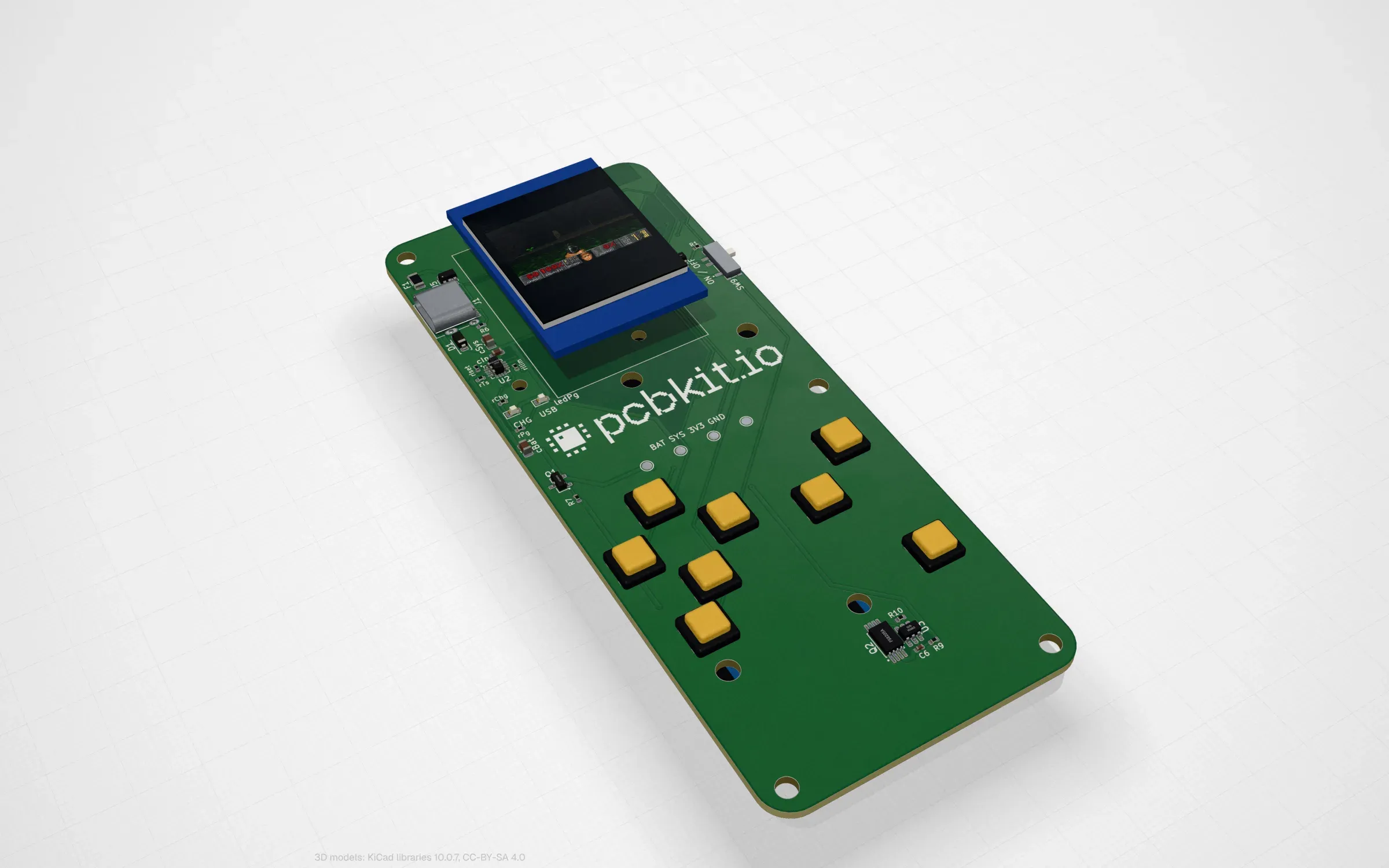 The ESP32-C3 Doom board in PCBKit’s 3D view, a small square screen showing the game