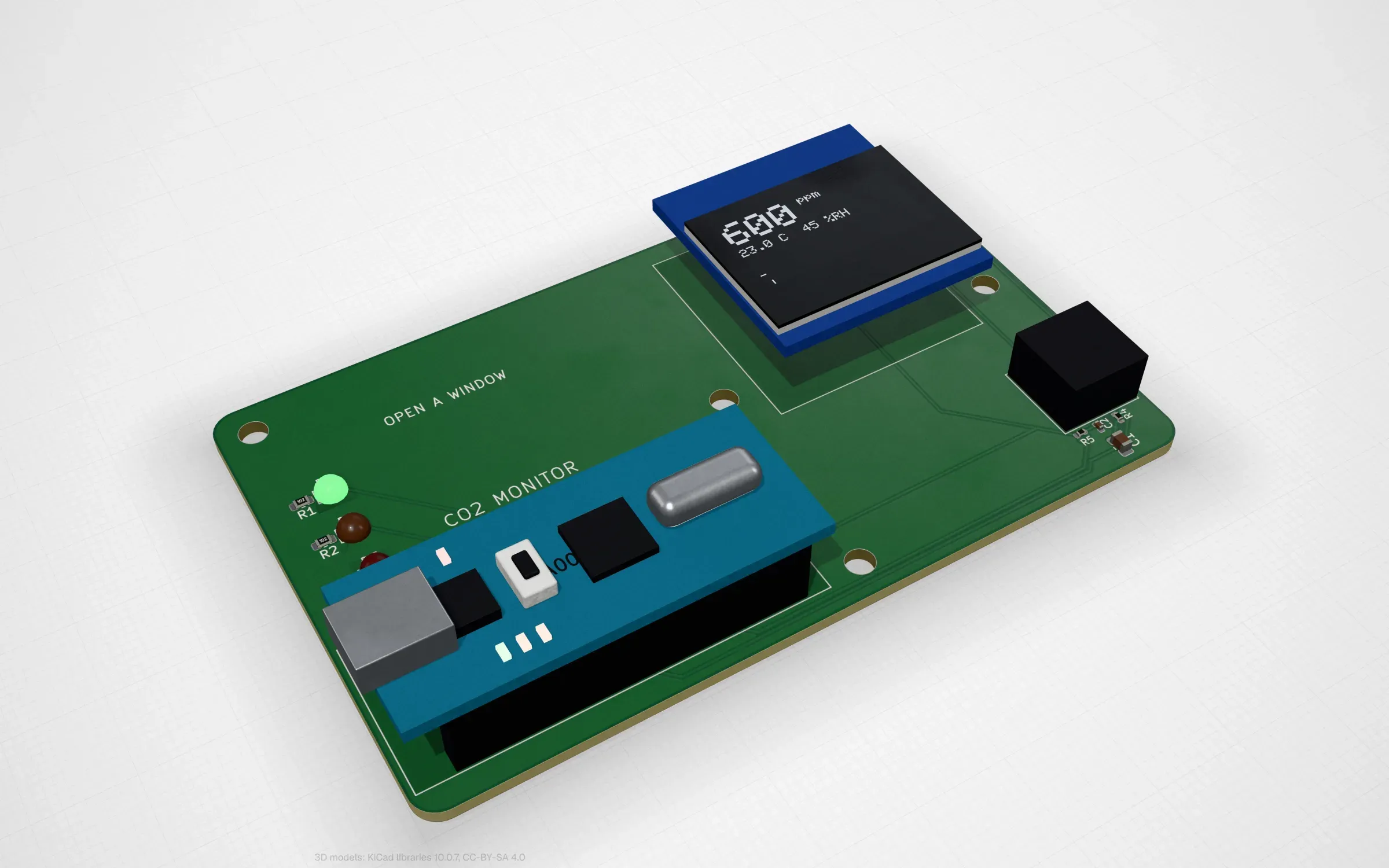 The CO2 monitor board in PCBKit’s 3D view: an Arduino, an SCD40 sensor and an OLED whose screen shows the sketch running