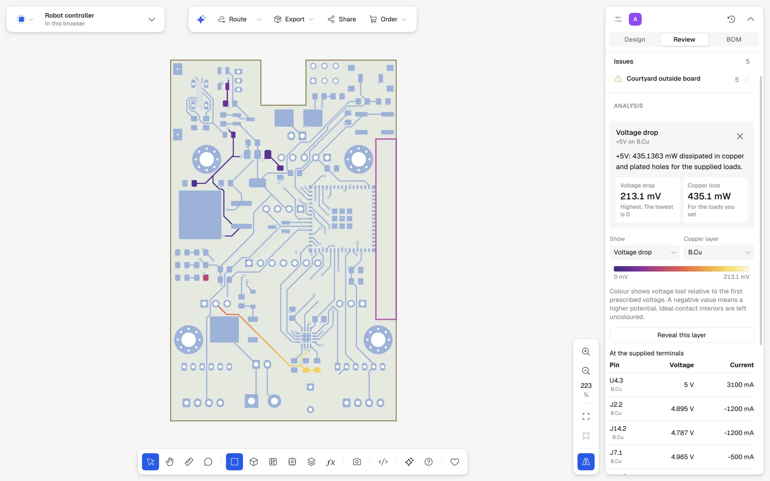 The robot controller's bottom copper in PCBKit with a voltage-drop simulation of its 5 V net: the track from the regulator to the servo headers coloured from purple to orange, and a table of the voltage and current at each pin.