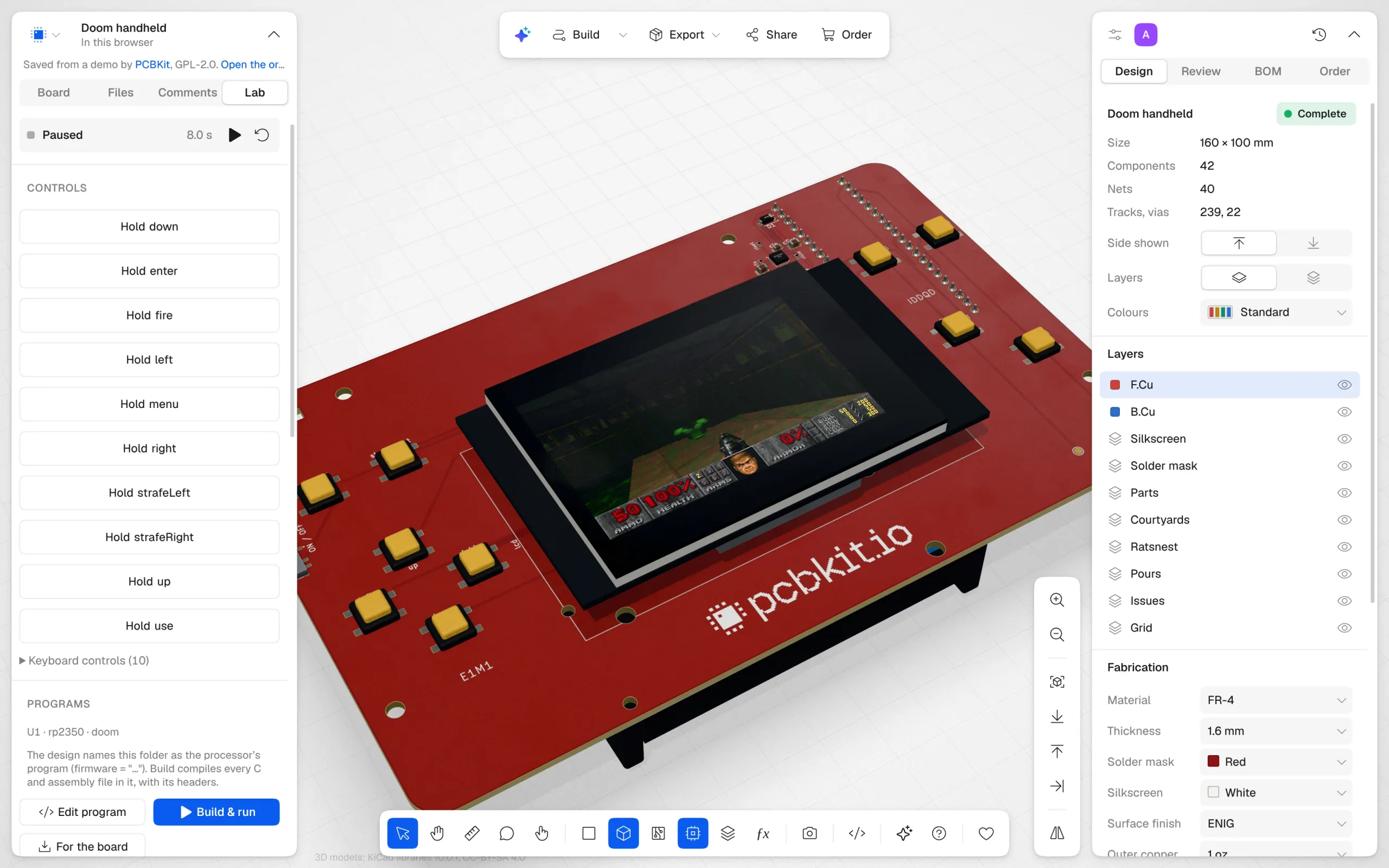 The PCBKit app with the Doom handheld open in the Lab tab: the red board in 3D, Doom playing on its screen, the board's buttons as controls on the left, its fabrication settings on the right.