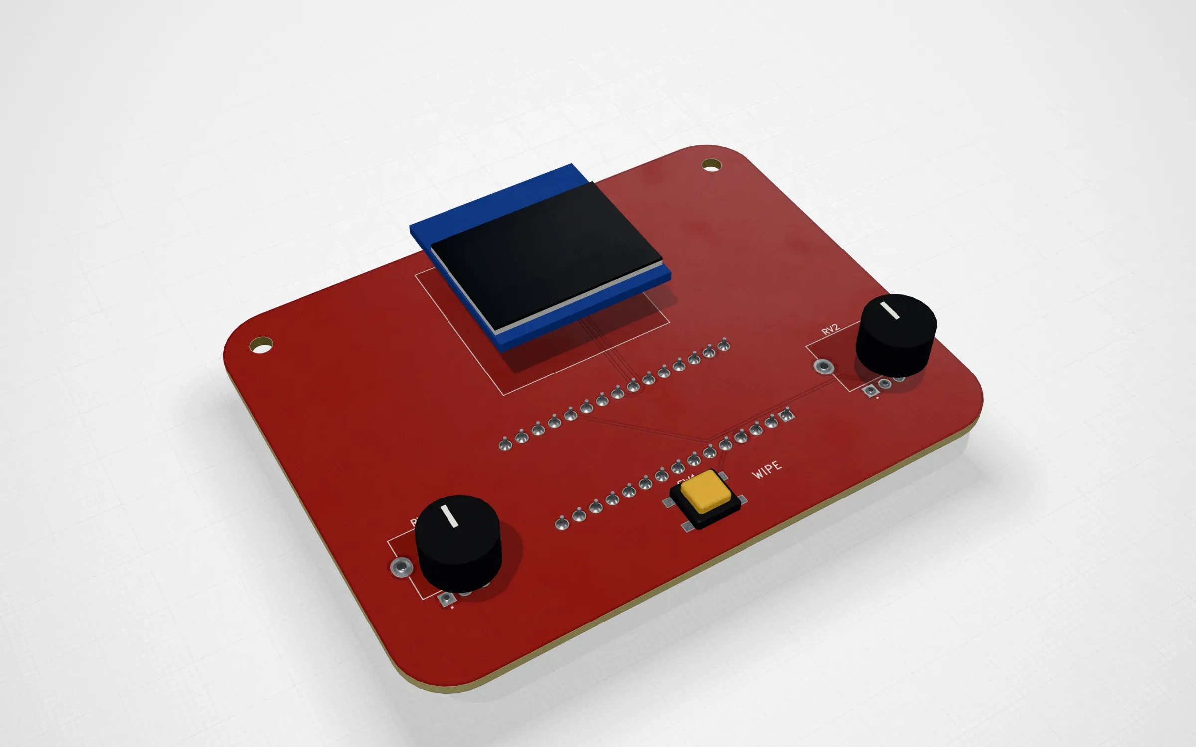 The magic drawing screen board in PCBKit’s 3D view: an Arduino, two knobs and an OLED whose screen shows the sketch running