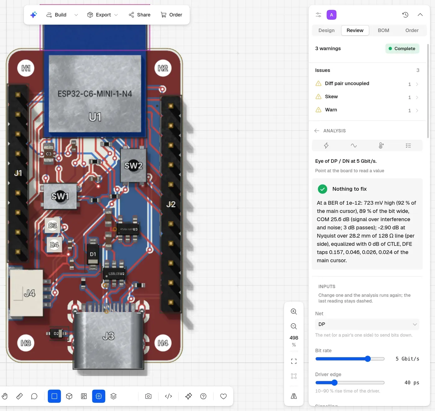The eye template on an ESP32-C6 dev board: its USB pair at 5 Gb/s, the answer in plain words with the equalization it chose and the inputs as sliders and menus