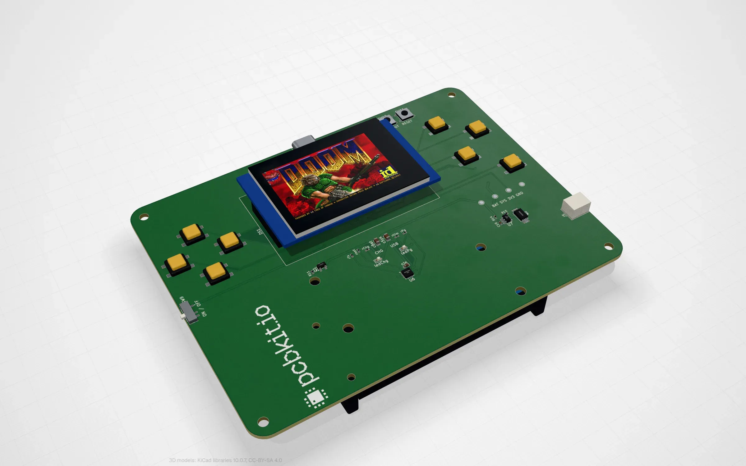 The STM32F411 Doom board in PCBKit’s 3D view, a 2 inch colour screen showing the game