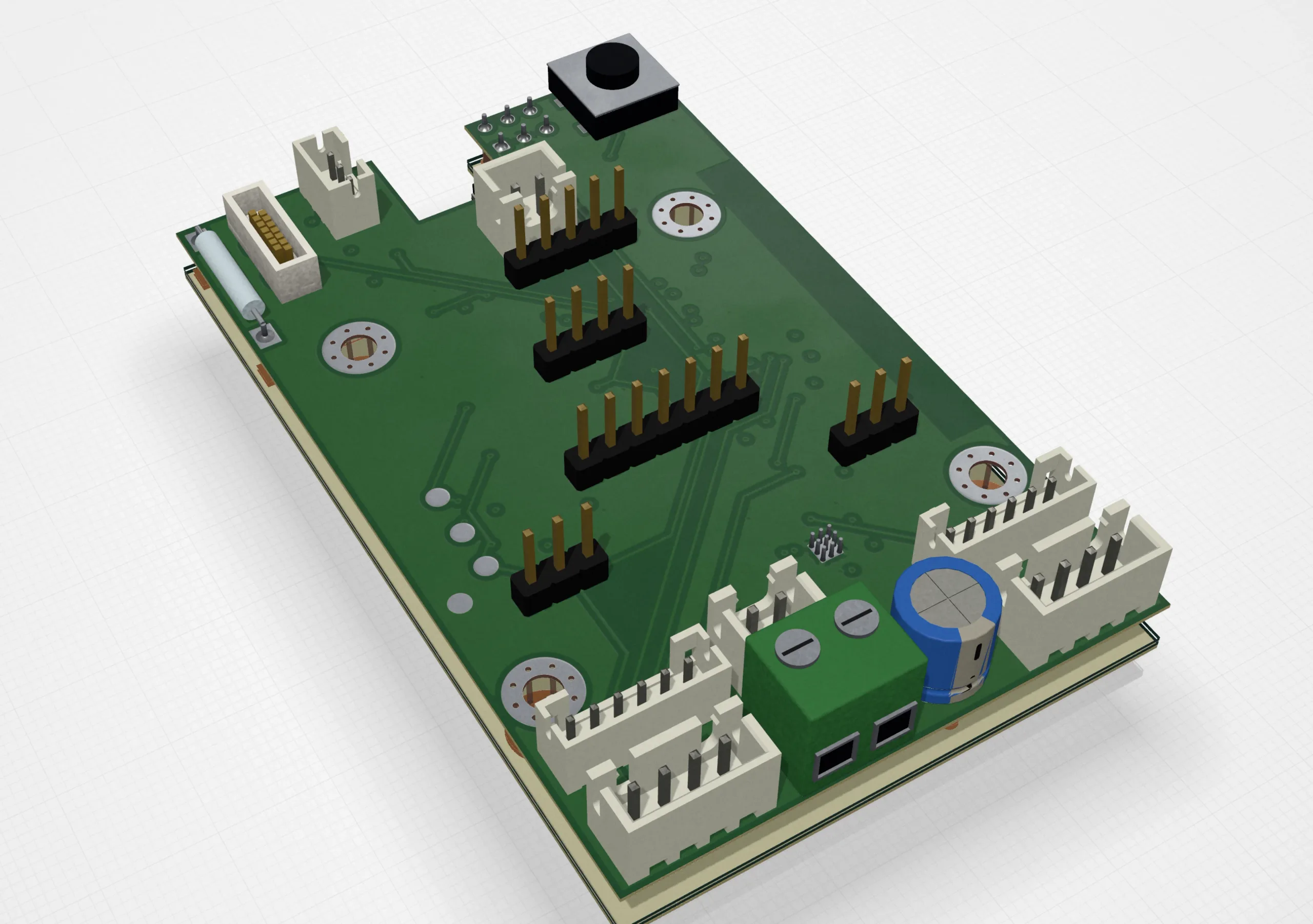 The robot controller in 3D with its four copper layers lifted apart like panes of glass, the vias running between them.