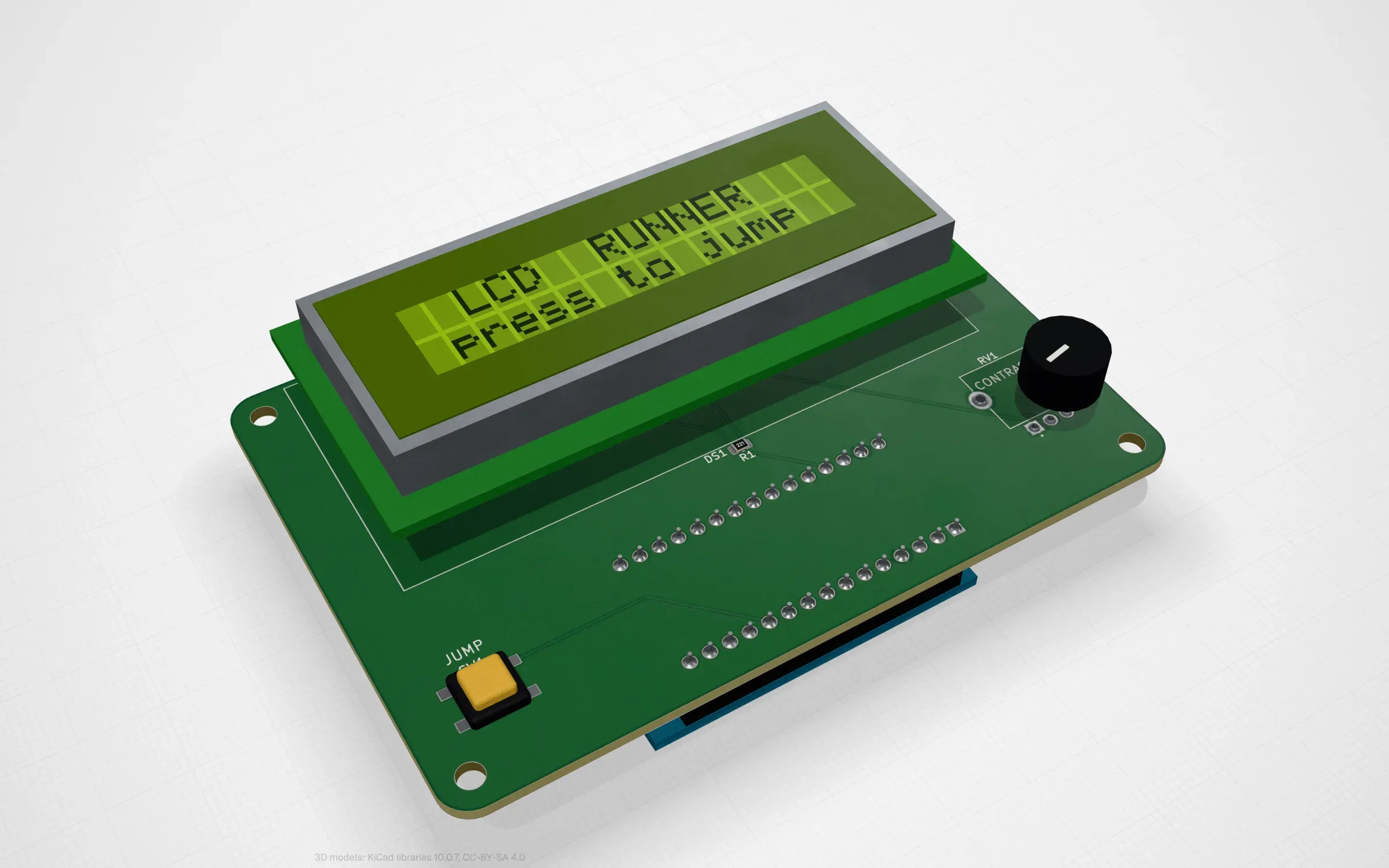The LCD runner board in PCBKit’s 3D view: an Arduino, a 16 by 2 character LCD and a trimmer, the LCD showing the sketch running