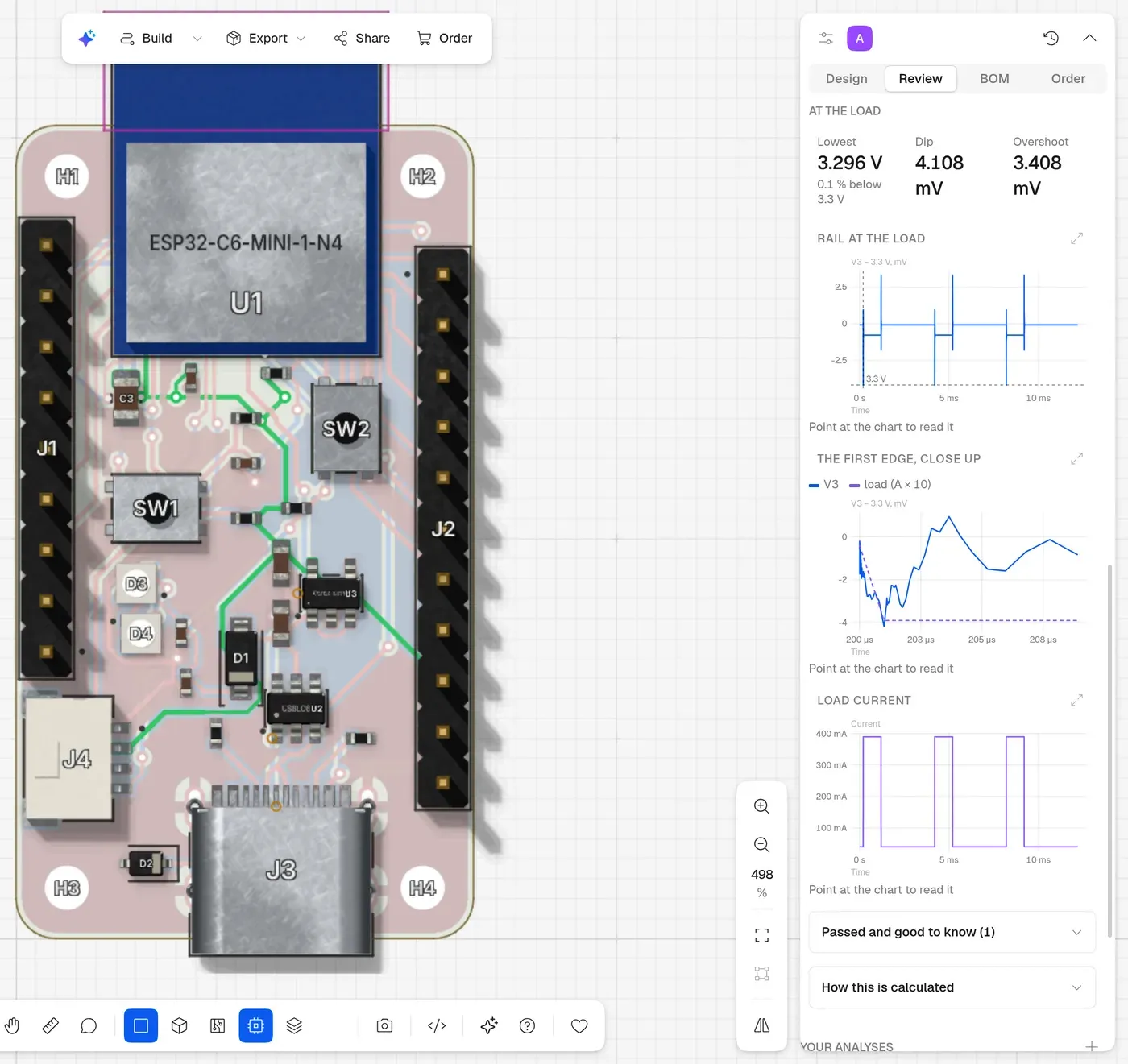 A load step on the board’s 3.3 V rail: 40 mA with 390 mA bursts, the dip at each edge and the first edge close up