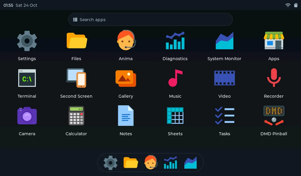 NucleoOS’s launcher at 1024 × 600, drawn by the simulated ESP32-P4: eighteen app icons and a dock