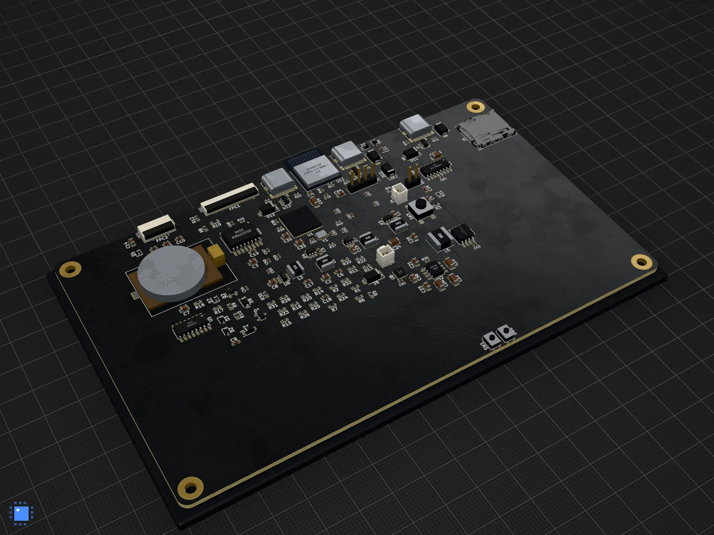 The p4-touch-7 board in PCBKit’s 3D view: a black six-layer board with the ESP32-P4, USB-C ports, a coin cell and a microSD slot
