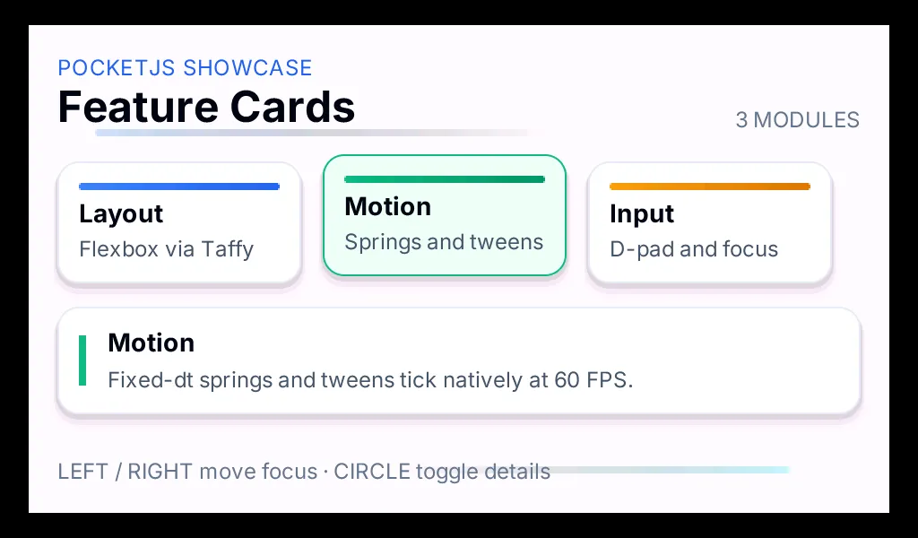 PocketJS’s Feature Cards on the simulated 7B, the Motion card focused and its details open
