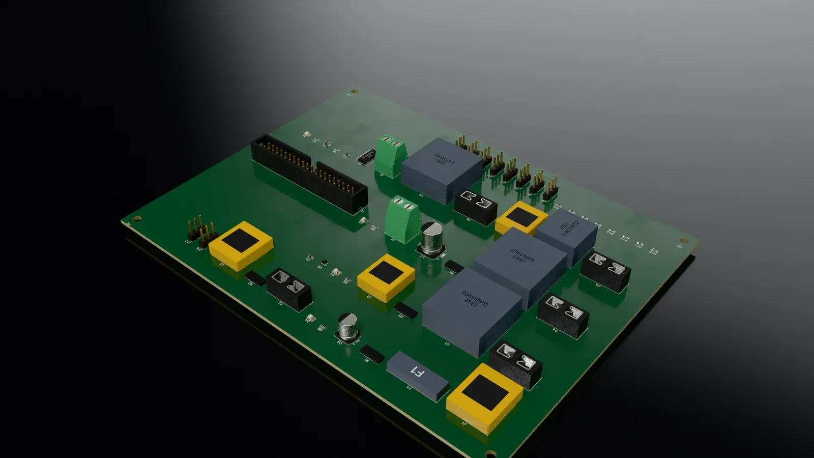 Rabbit’s four-layer power board in 3D: DC-DC converter modules, fuse holders, screw terminals and a ribbon-cable header on green solder mask.