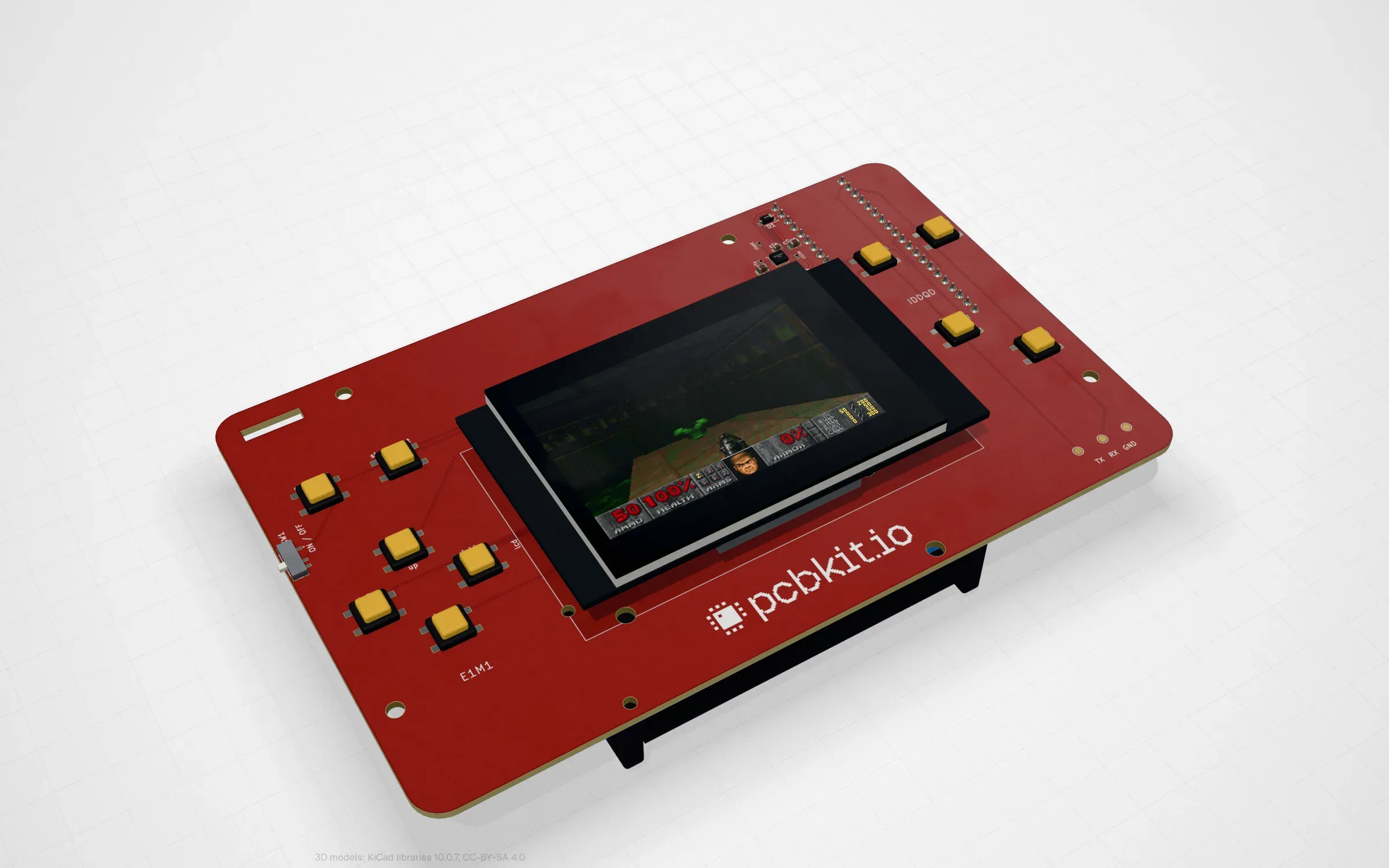 The Doom handheld in PCBKit’s 3D view: a red board with a Pimoroni Pico Plus 2 under a 2.8 inch screen showing Doom, ten buttons around it