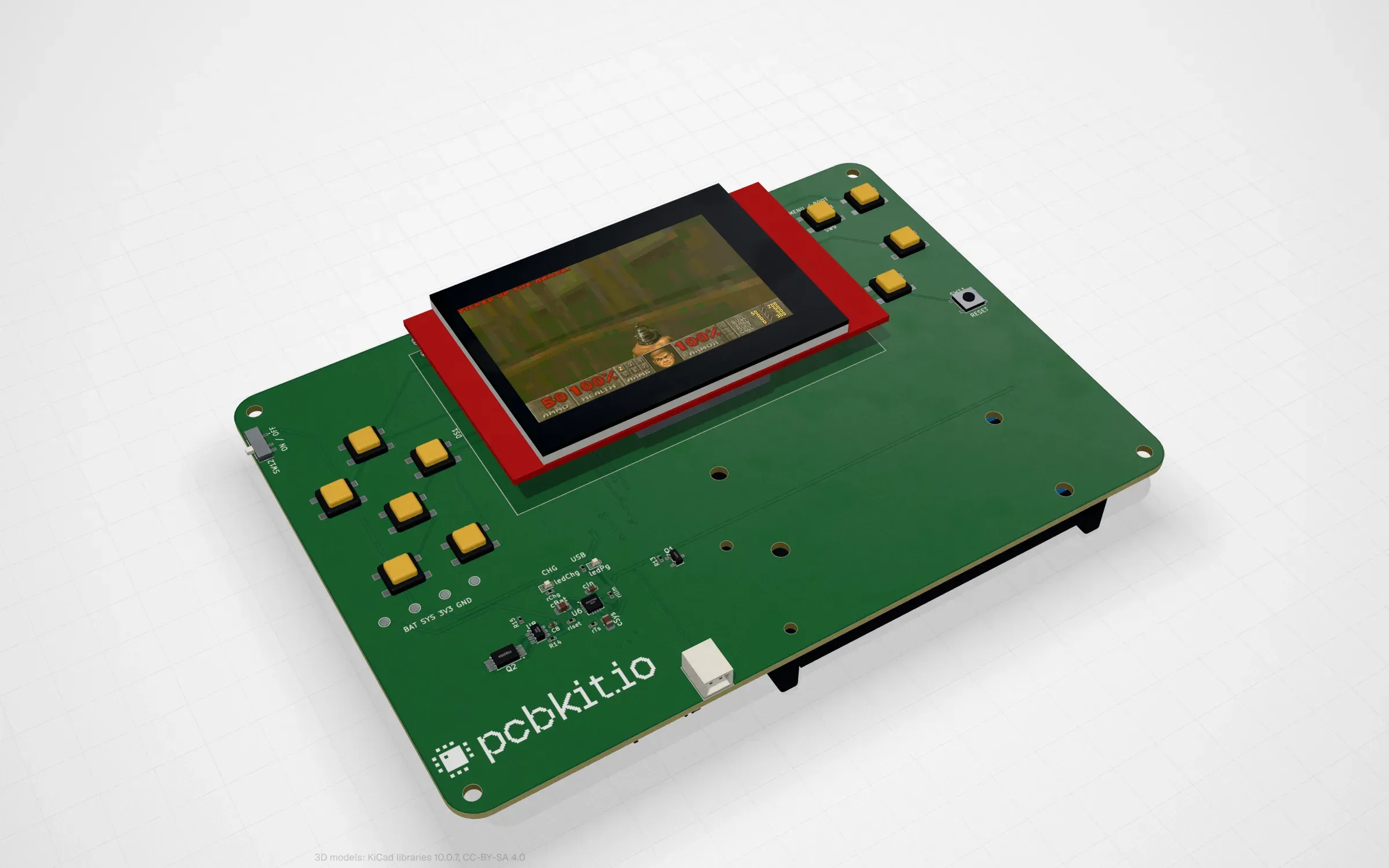 The ESP32-S3 Doom handheld in PCBKit’s 3D view, a 2.8 inch screen showing the game