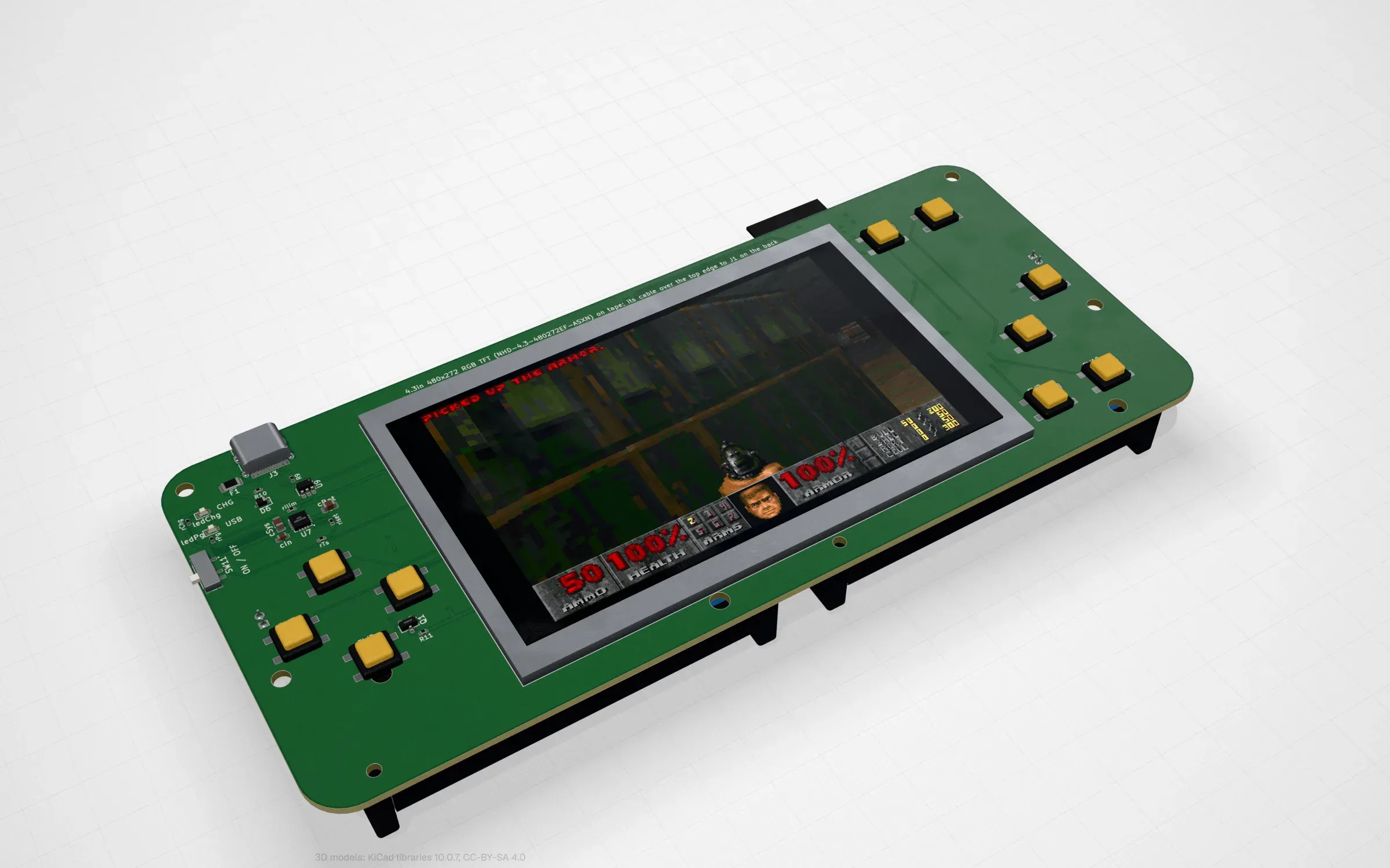 The ESP32-S3 board with a 4.3 inch RGB panel showing Doom in PCBKit’s 3D view
