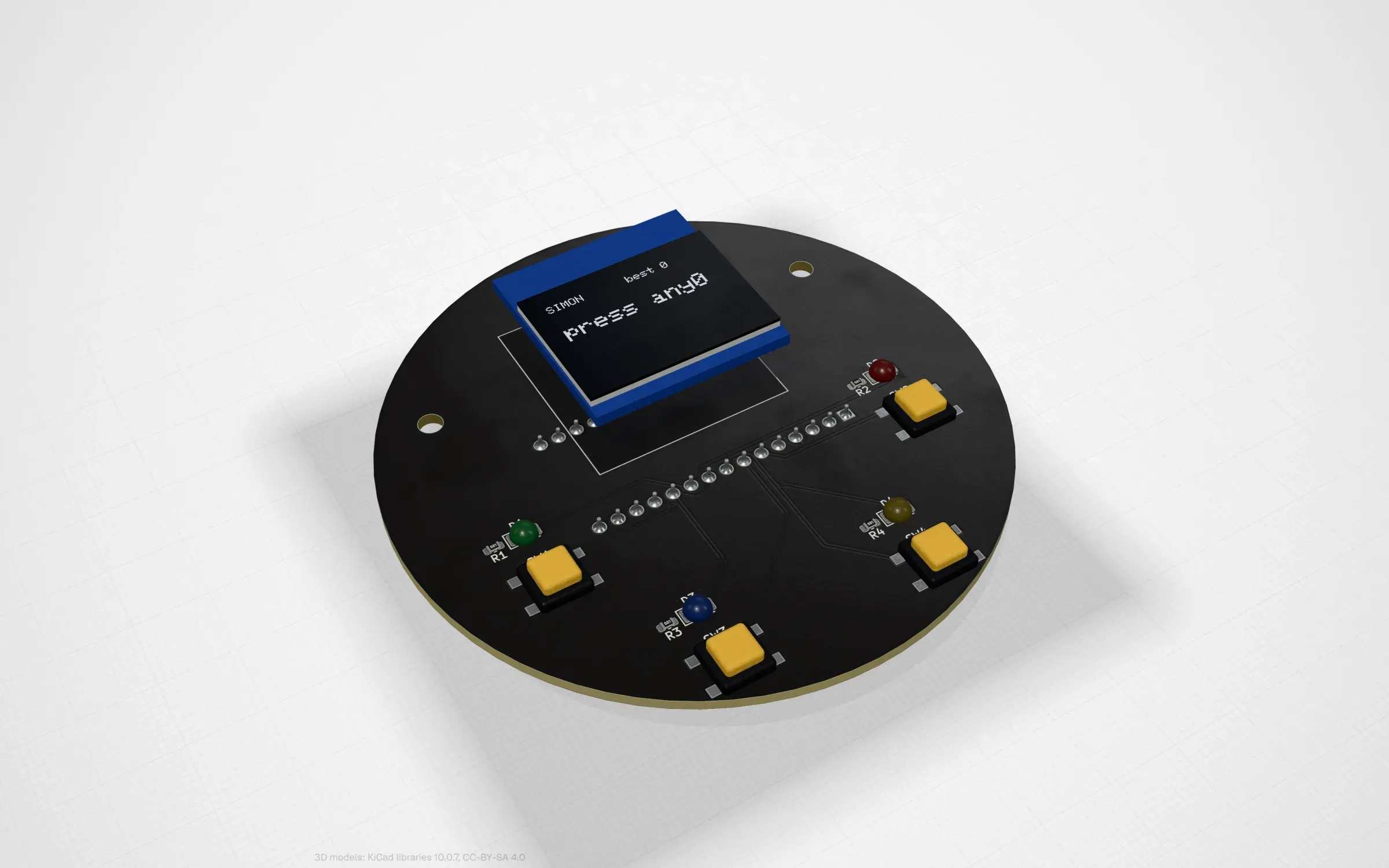 Simon on a round board in PCBKit’s 3D view: an Arduino Nano with four coloured lights and four buttons, the sketch running