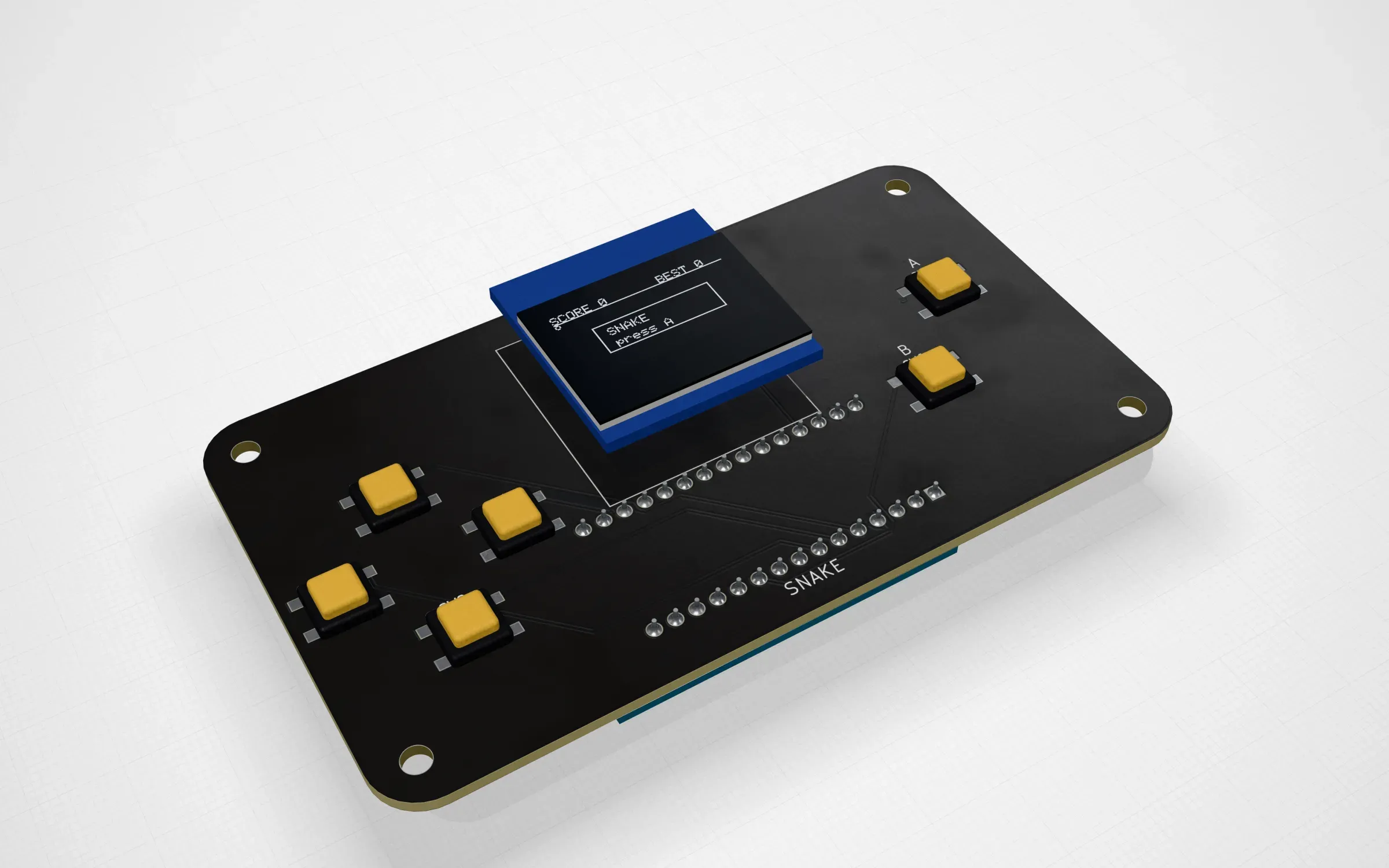 The pocket console in PCBKit’s 3D view: an Arduino Nano behind a small OLED with a D-pad and two buttons, the screen showing the sketch running