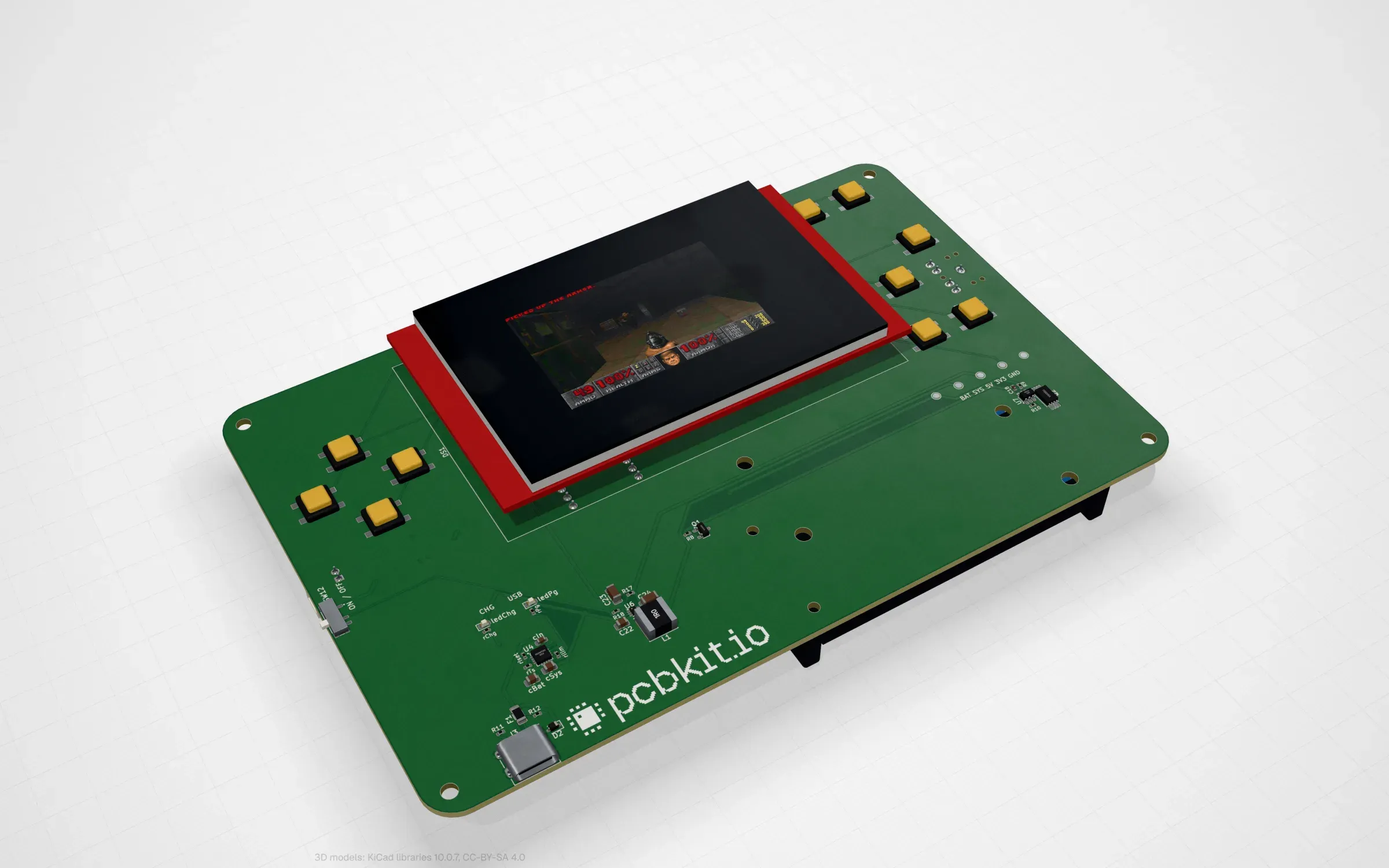The Teensy 4.1 board with a 3.5 inch screen showing Doom in PCBKit’s 3D view