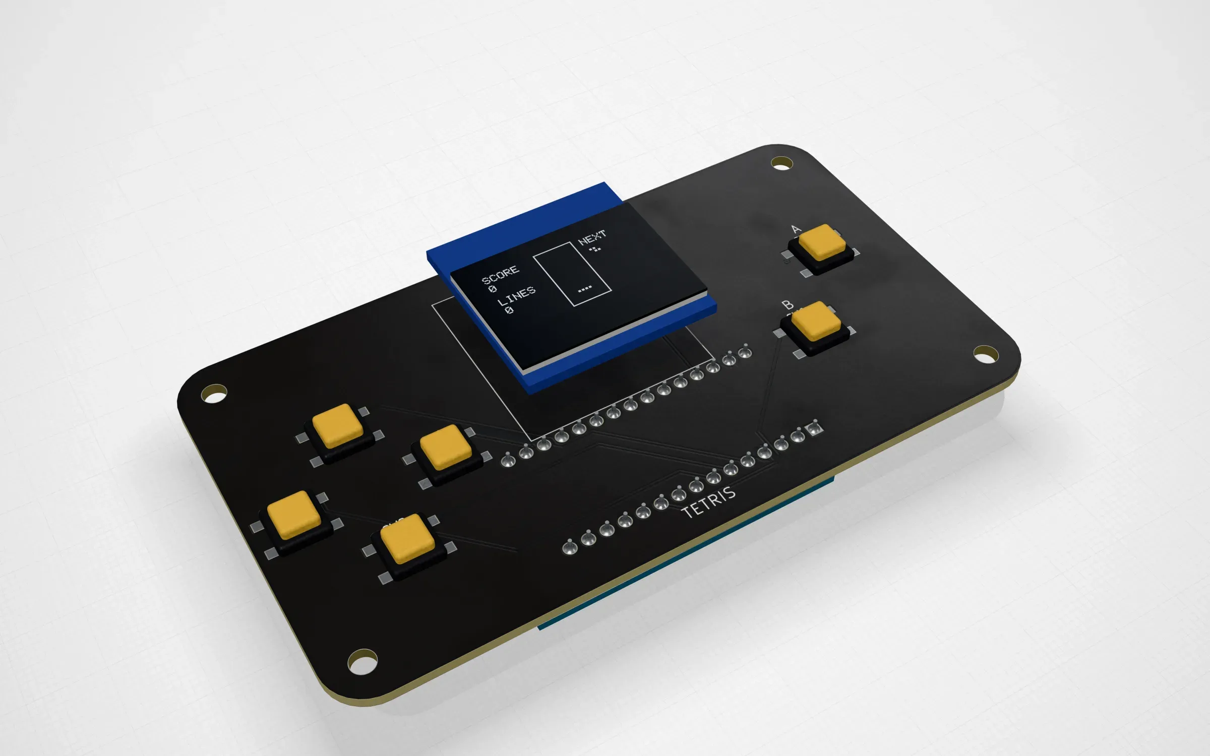 The Falling blocks game on the pocket console in PCBKit’s 3D view: an Arduino Nano behind an OLED with a D-pad and two buttons, the screen showing the sketch running