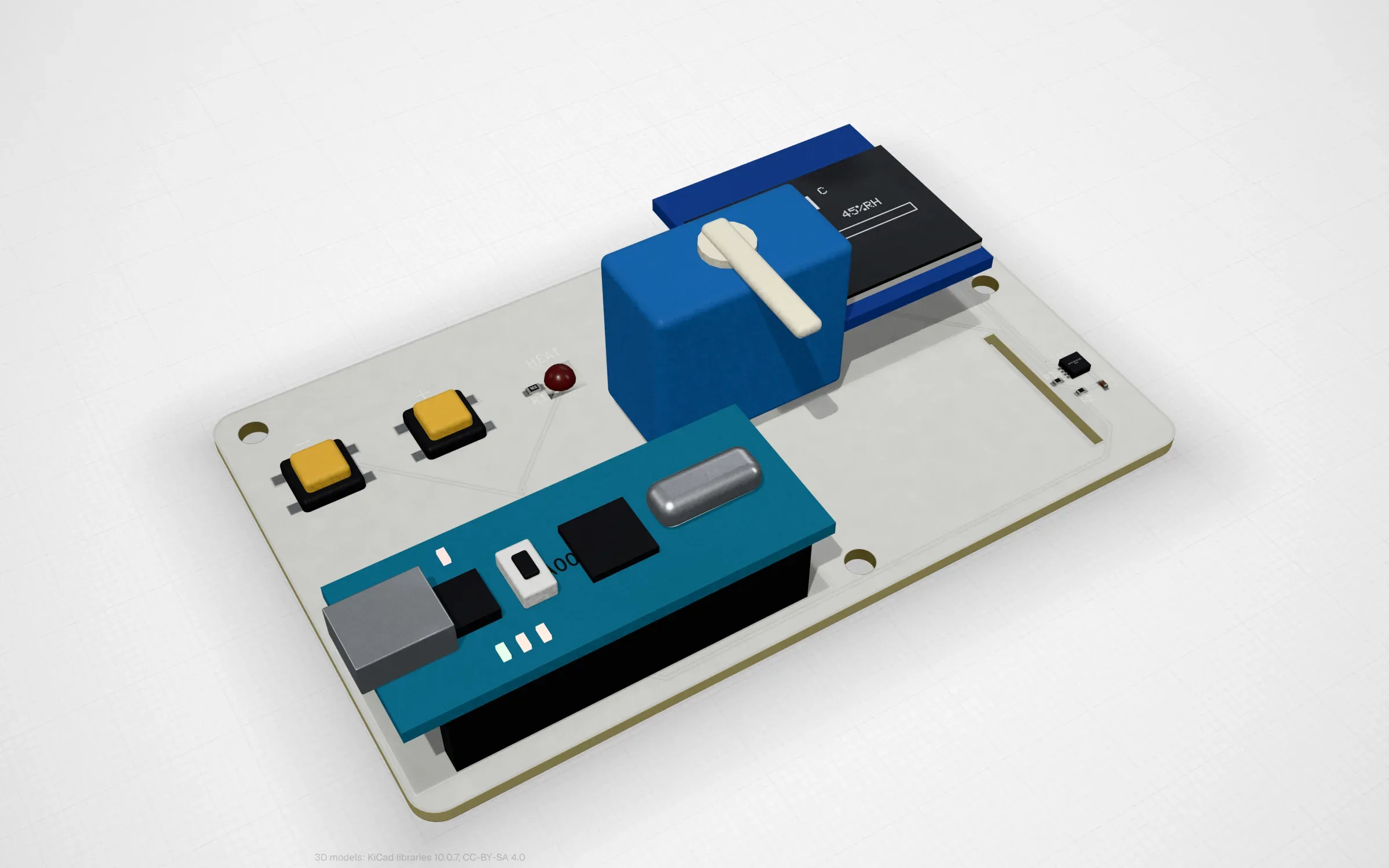 The thermostat board in PCBKit’s 3D view: an Arduino, an SHT31 sensor, a servo header and an OLED whose screen shows the sketch running