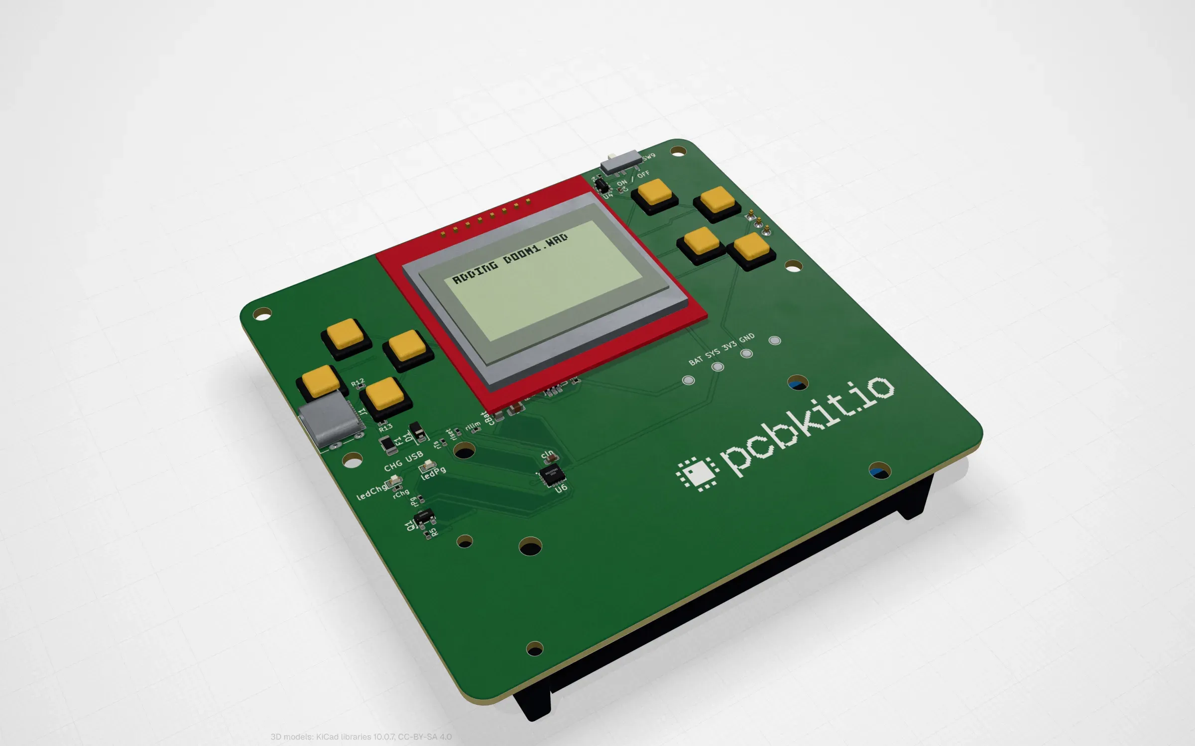 The CH32V003 Doom board in PCBKit’s 3D view: its Nokia 5110 screen shows Doom starting up (ADDING DOOM1.WAD), eight buttons beside it