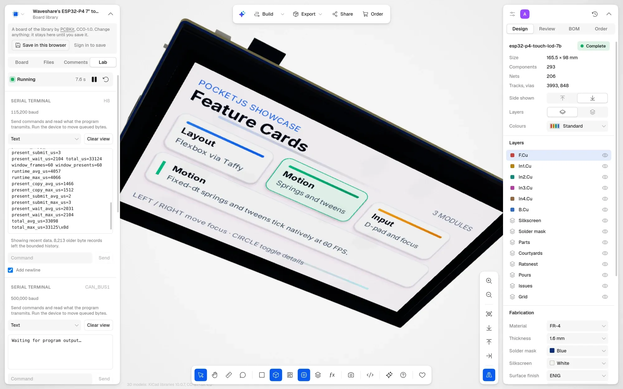 PCBKit running the 7B board: the Lab tab with the device running and its serial console on the left, the board turned in 3D so its screen shows PocketJS’s Feature Cards with the Motion card open, the inspector on the right