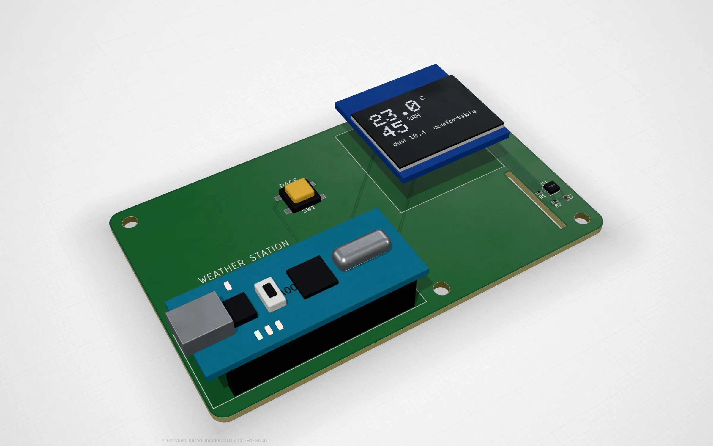 The Arduino weather station in PCBKit’s 3D view, its OLED showing the temperature